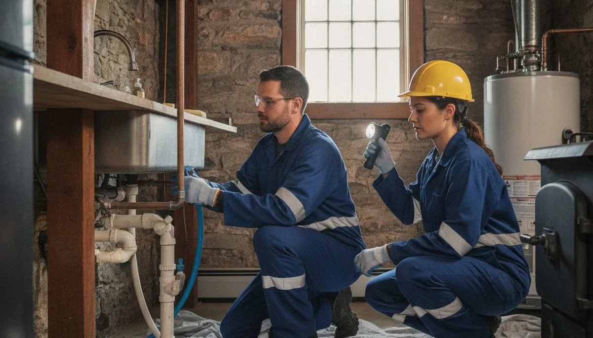Plumber inspecting pipe repair service in Reading, MA for a plumbing repair business